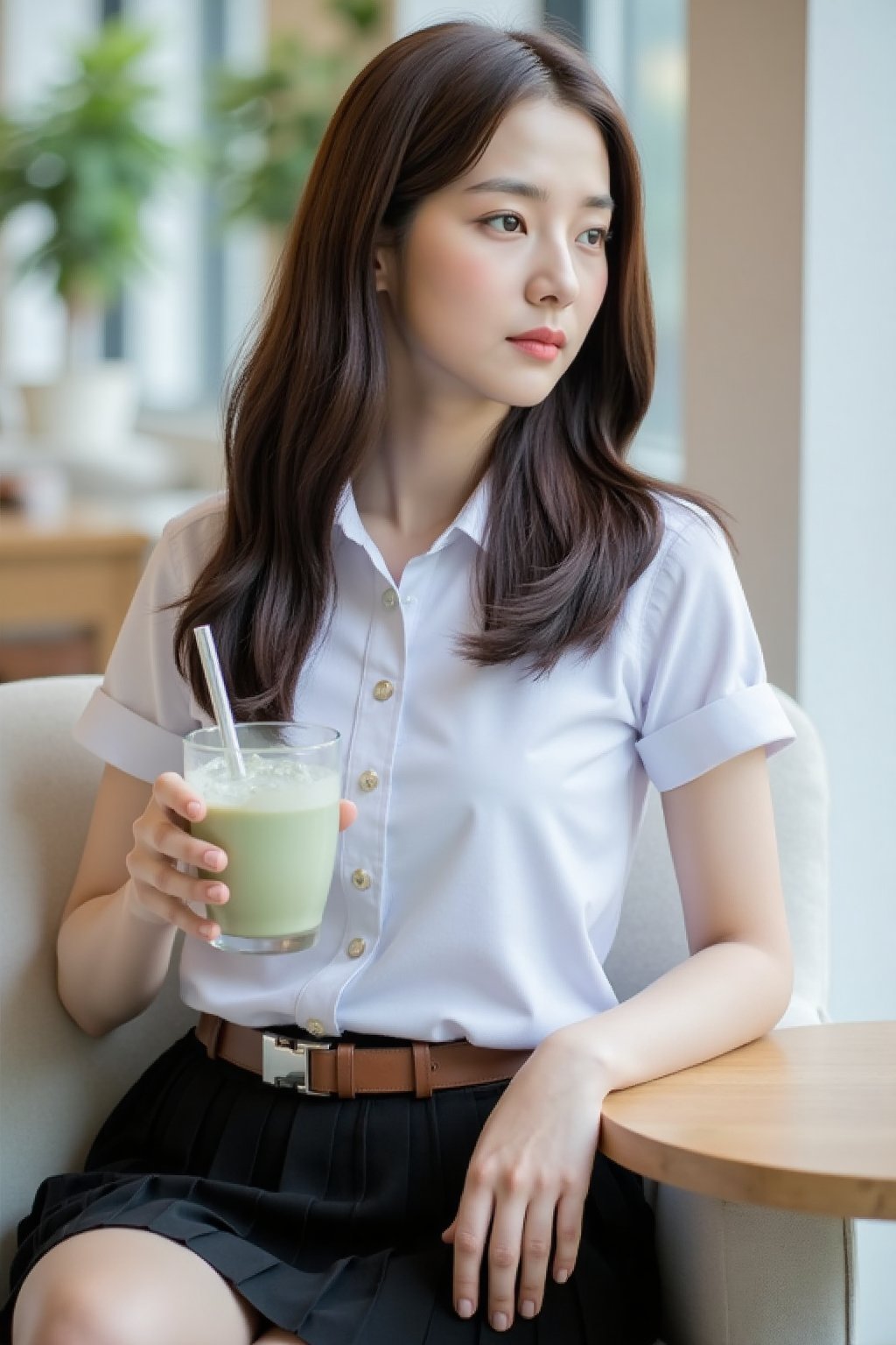 Close-up portrait photograph of a beautiful Asian woman with fair skin,  long wavy dark brown hair,  wearing a clean white...