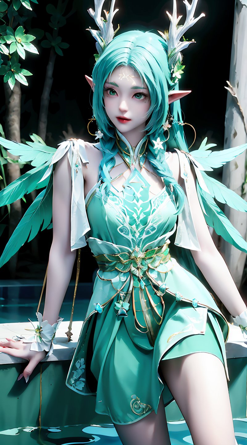 the green fairy with antlers and green dress standing on small pool with her long legs,  1girl,  dress by flowers 🌺 on Te...