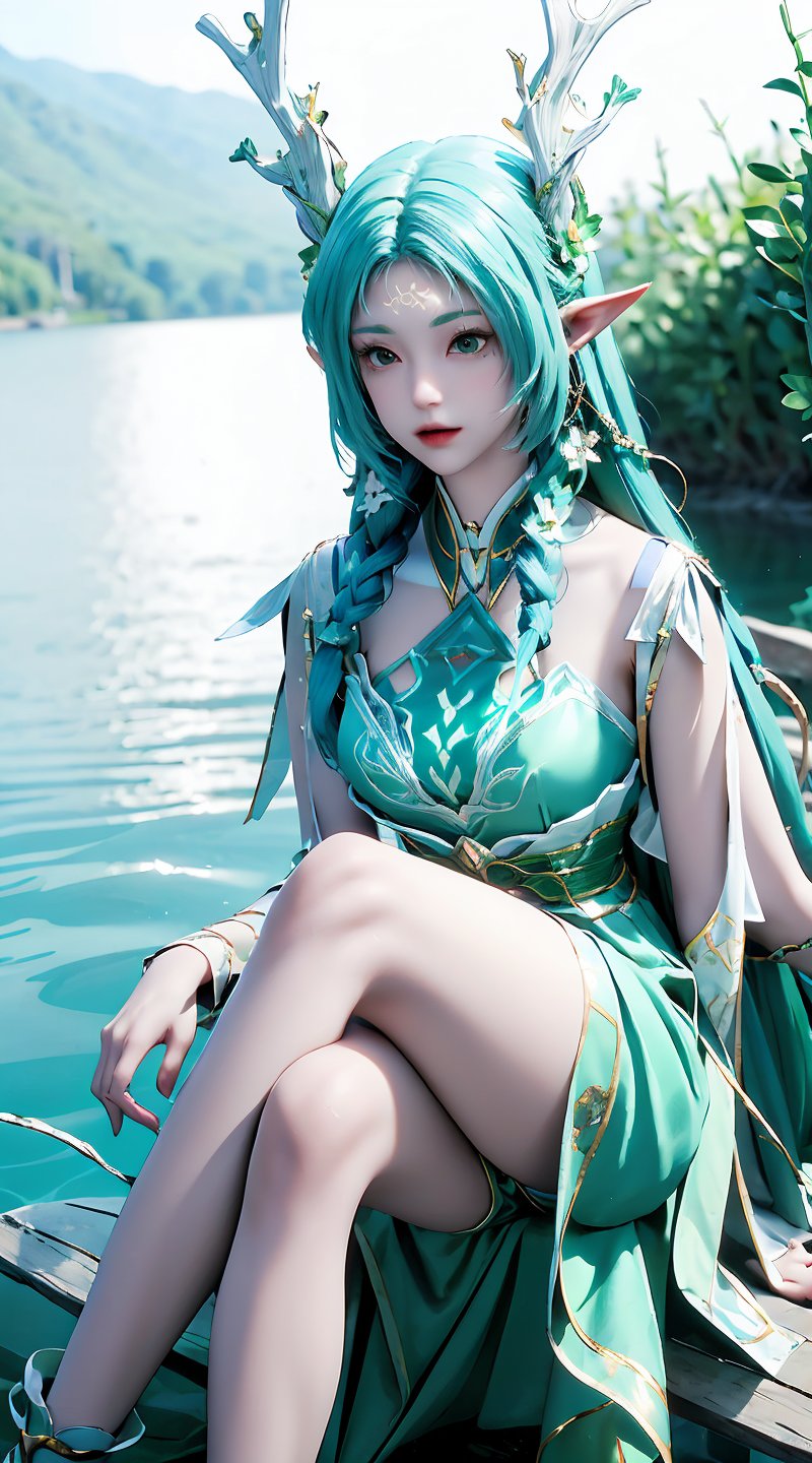 a very pretty princess doll with horns and green hair poses on the water,  1girl,  pointy ears by flowers 🌺 on Tensor.Art