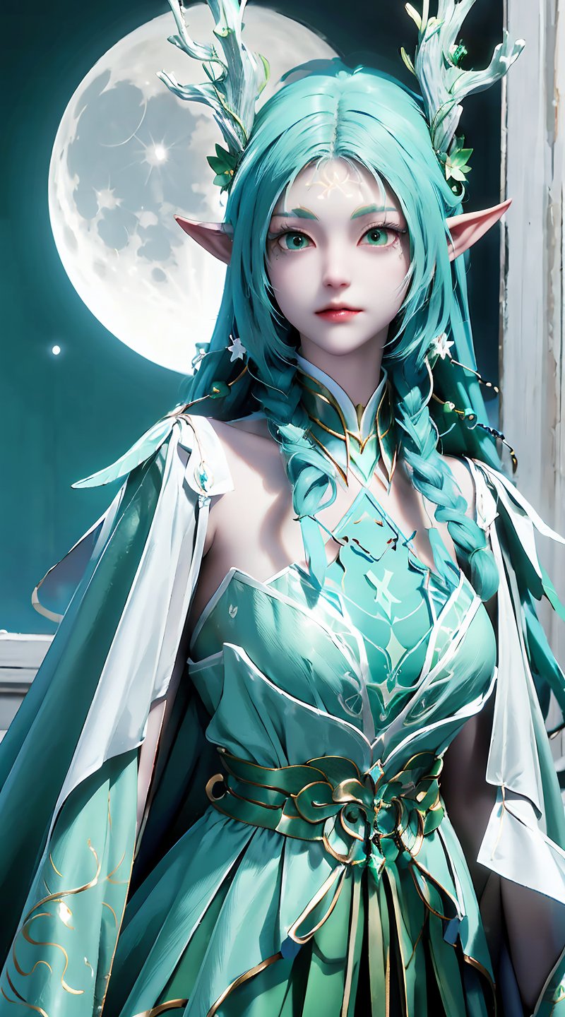 an anime female with green skin wearing a elf costume with horns and a moon,  1girl,  pointy ears by flowers 🌺 on Tensor.Art