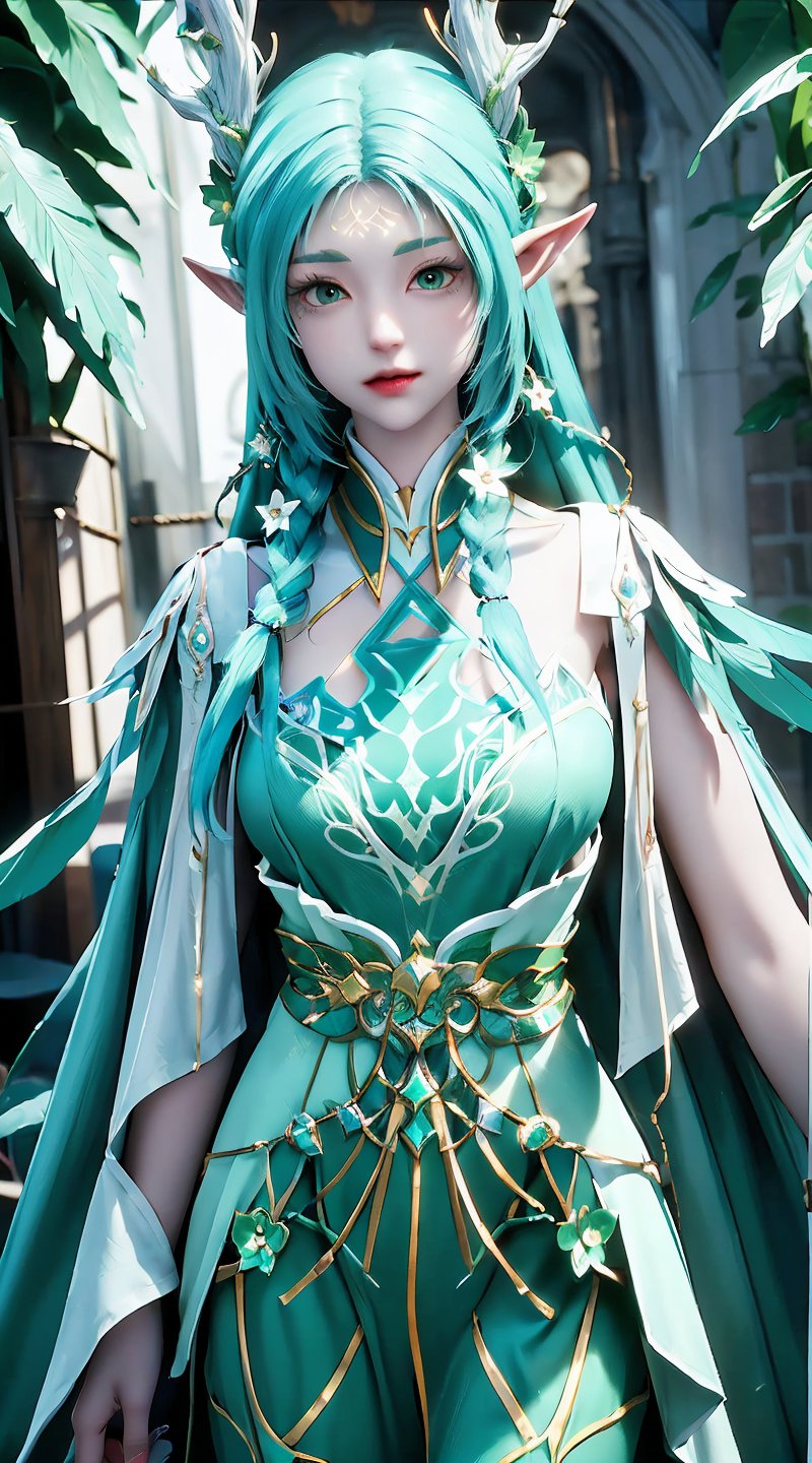the animated elf in a green and gold dress is wearing green hair,  1girl,  pointy ears by flowers 🌺 on Tensor.Art
