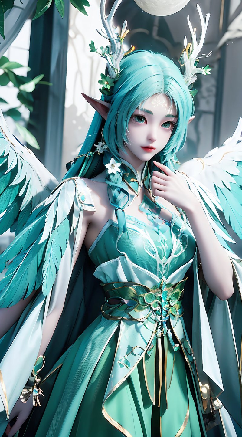 beautiful chinese woman with green and blue hair and wings poses,  1girl,  green dress by flowers 🌺 on Tensor.Art
