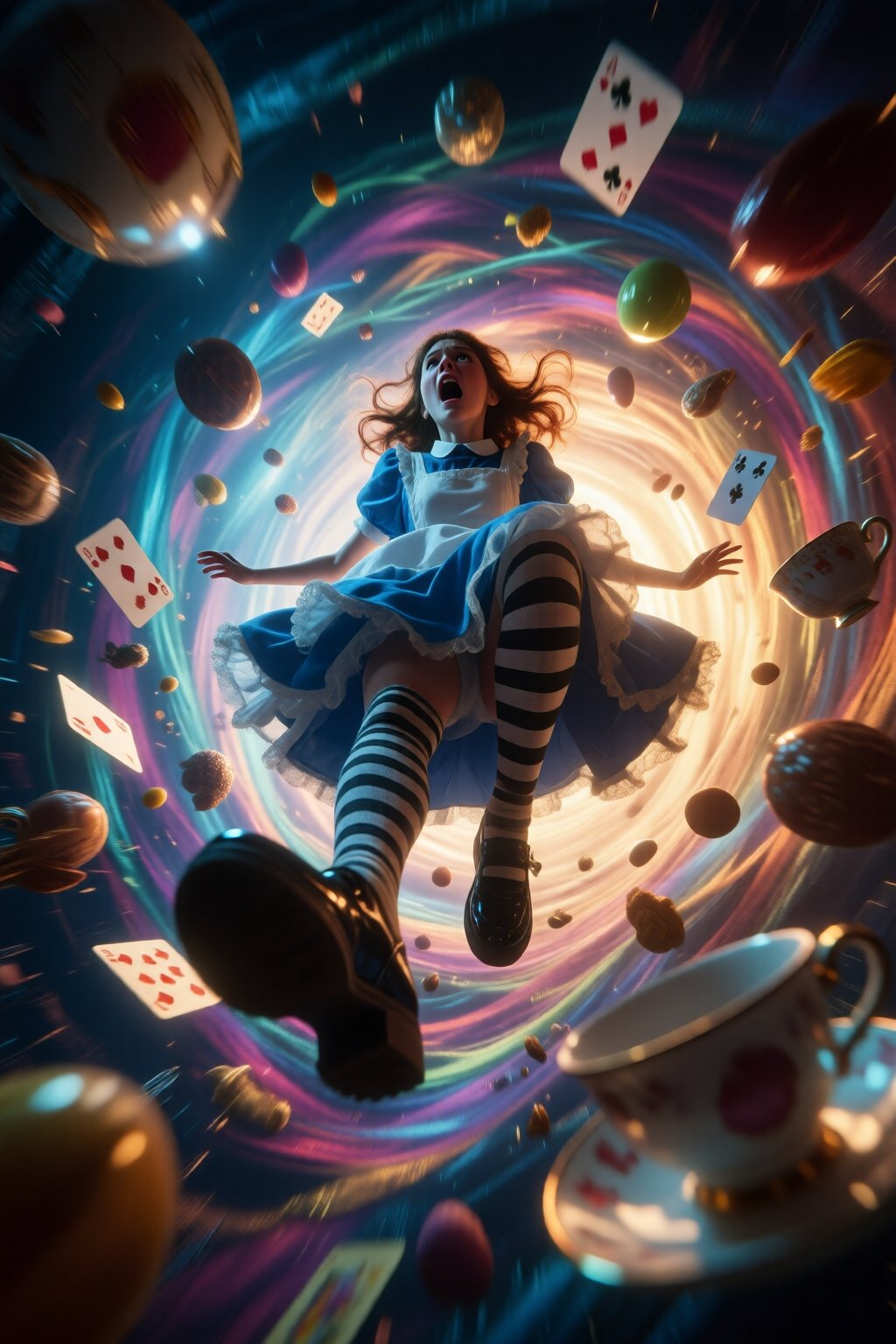 midjourneylowangle11q Low angle shot. Close-up of Alice in Wonderland falling into the rabbit hole,  with her legs danglin...