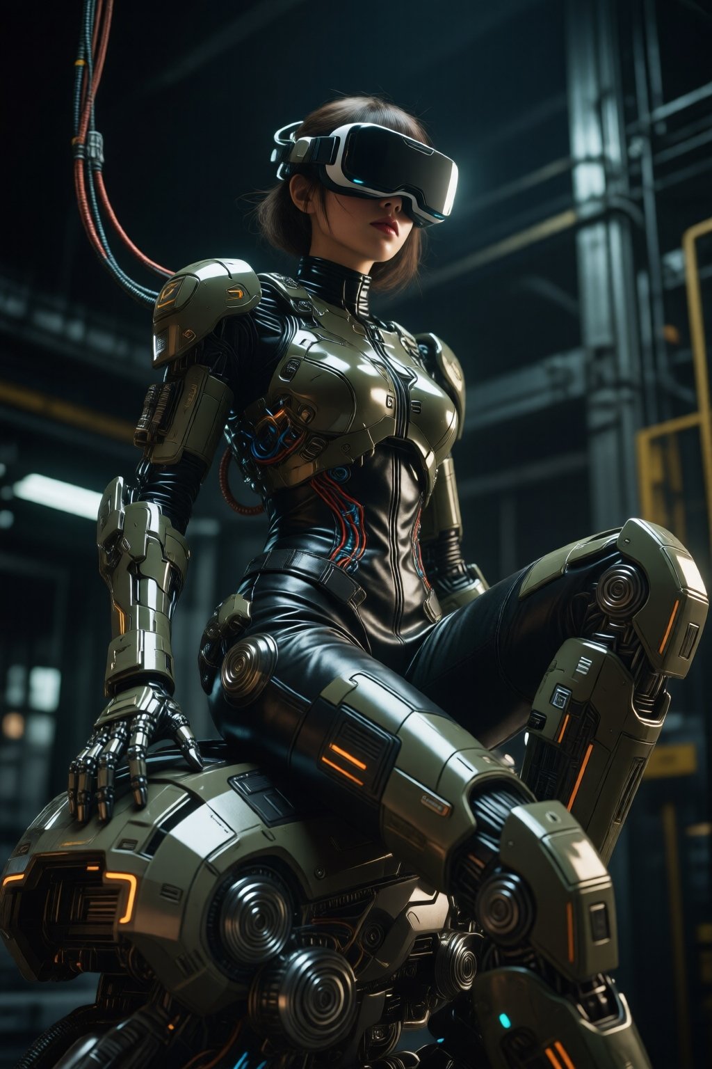 midjourneylowangle11q Low angle shot. A woman dressed in sleek,  form-fitting leather attire,  sitting confidently atop a...