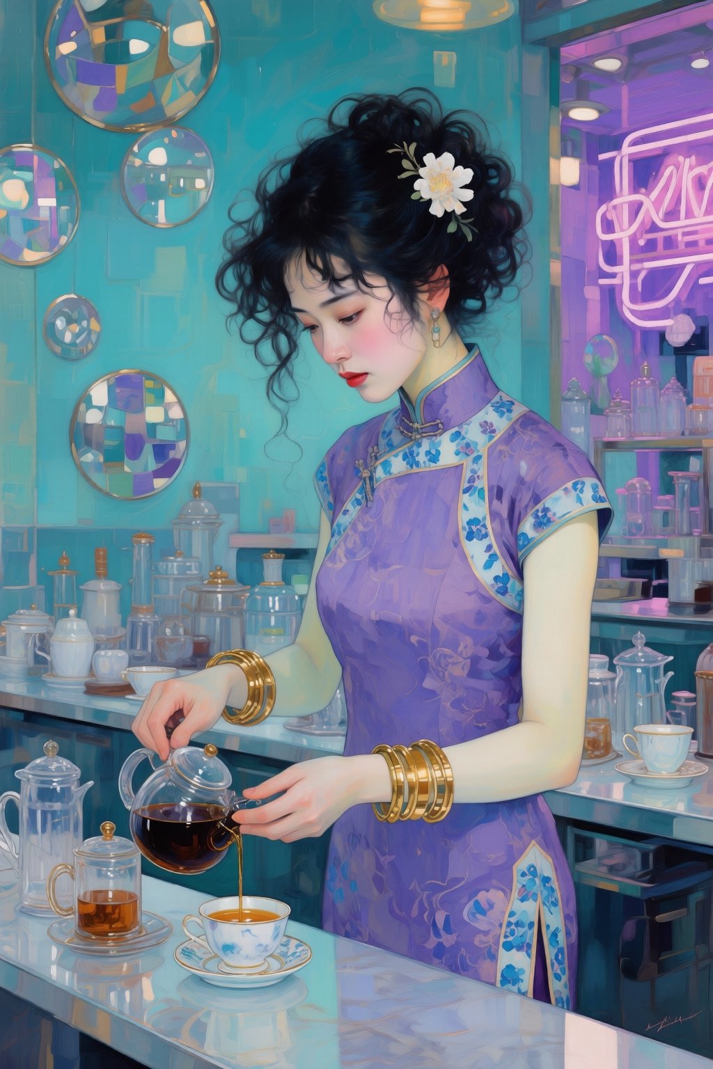 kaoruyamada2q painting. Young Asian woman with a messy,  voluminous black updo adorned with a small white flower is lookin...