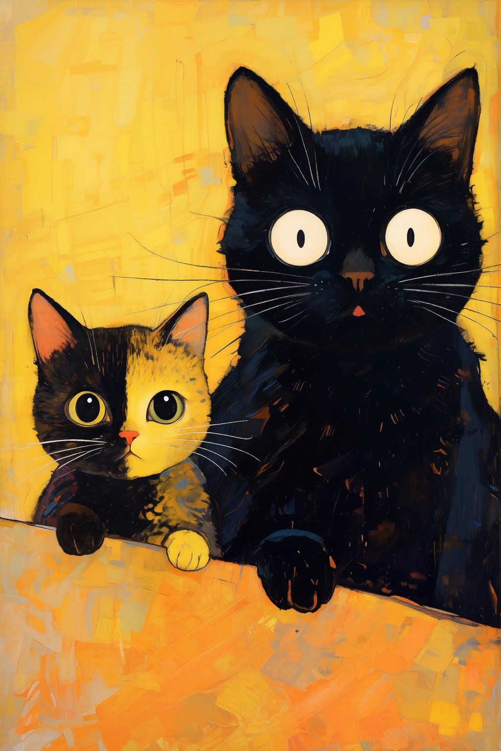 kaoruyamada2q painting. Whimsical storybook illustration features two stylized cats peeking over a textured orange ledge a...