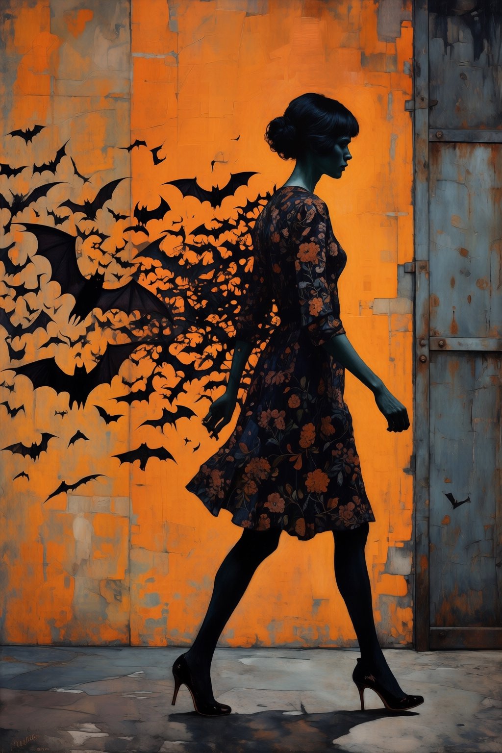 kaoruyamada2q painting. On the right is woman in side profile,  captured mid-stride as she walks toward a dark,  weathered...