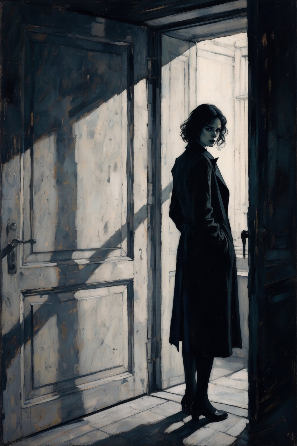 kaoruyamada2q painting. On the right is a woman standing in a doorway,  She has chin-length,  dark wavy hair and wears a l...