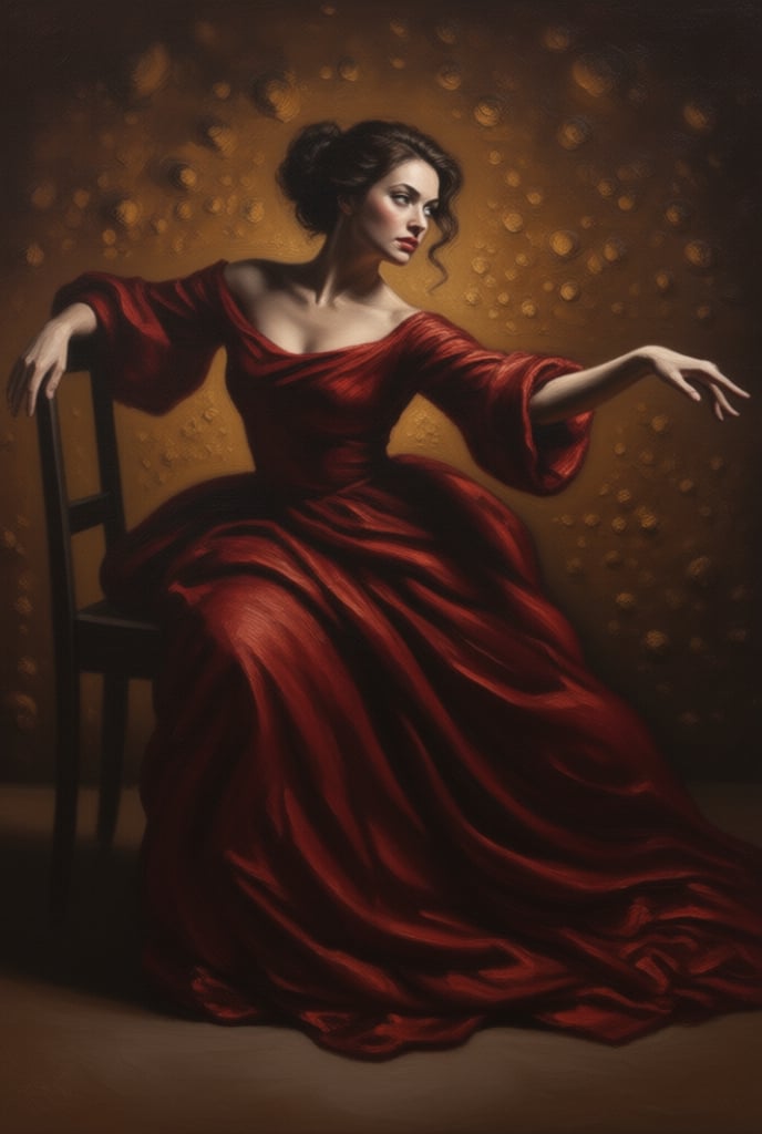 Hands Raised in an artistic dancing pose,  Create a fine art oil painting of a woman in an artistic and expressive pose. T...