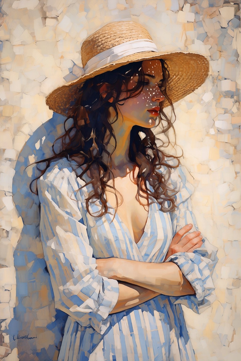 kaoruyamada2q painting. Slightly low angle view of a woman with a slender build and tan skin leaning against a textured,...