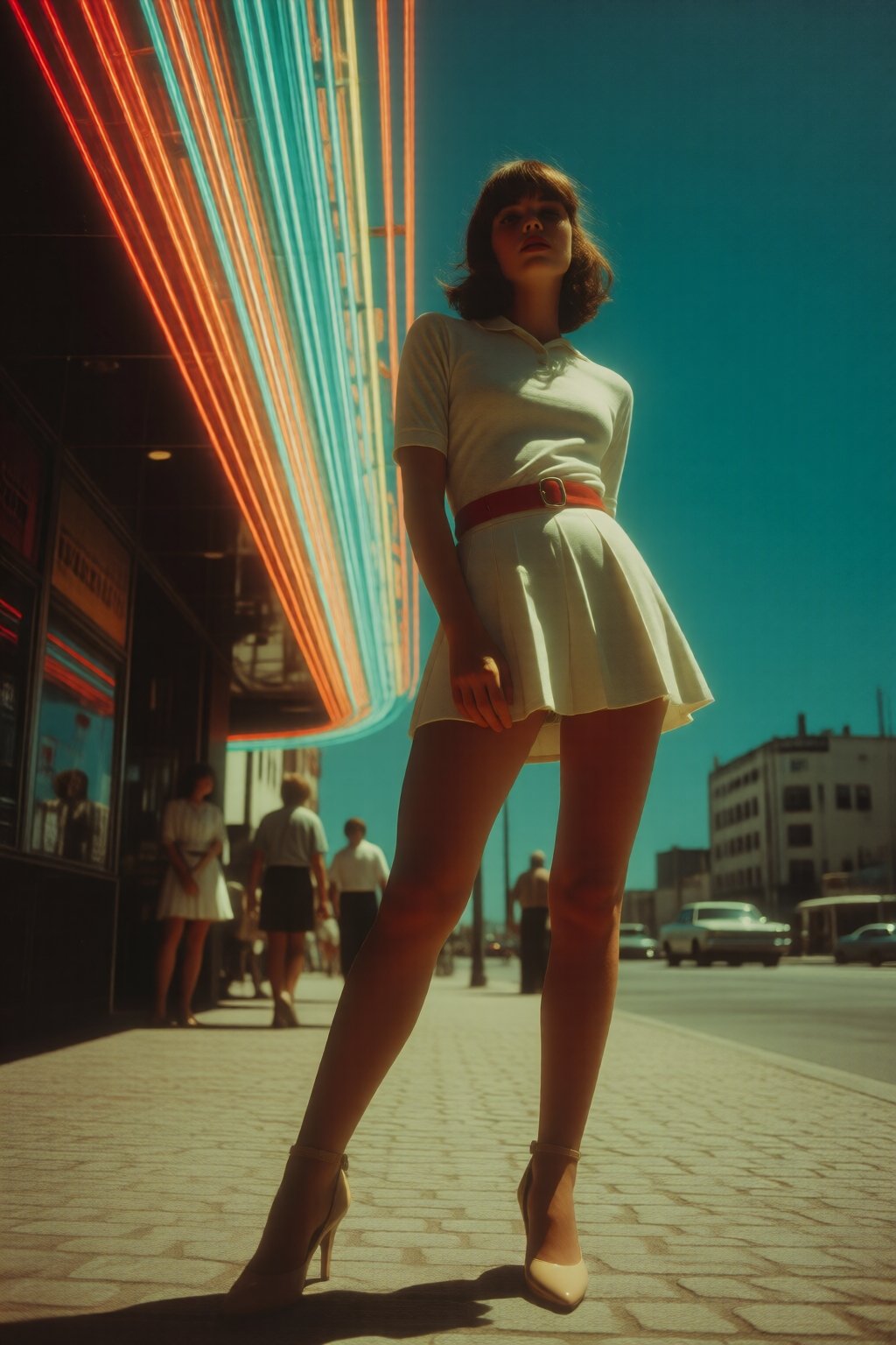 midjourneylowangle11q Low angle shot. A 1970s woman is standing on a cobblestone street,  wearing a white mini-dress with...