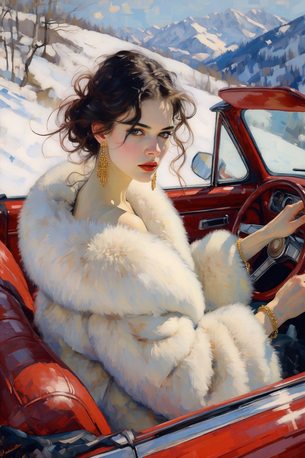 kaoruyamada2q painting. Outdoor image of a glamorous Russain model with tied back dark hair with a few loose strands,  loo...