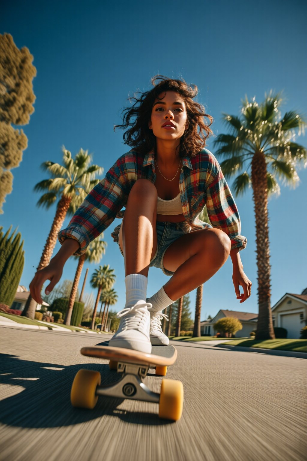 midjourneylowangle11q Low angle shot. A woman is riding a skateboard on a smooth road surrounded by palm trees and houses....