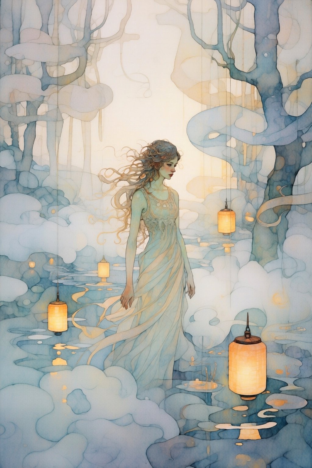 Create a dreamy landscape where a ethereal and graceful dream girl stands amidst floating mist and glowing lanterns. Her f...