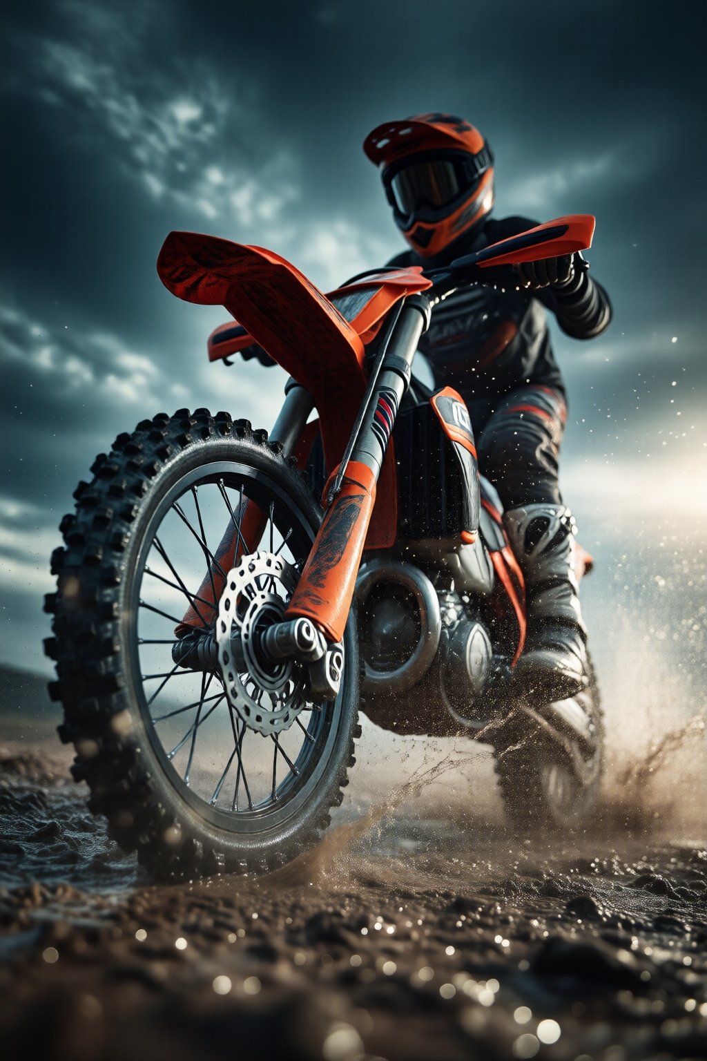 midjourneylowangle11q Low angle shot. A motocross rider in full gear,  including a helmet and protective clothing,  is rid...