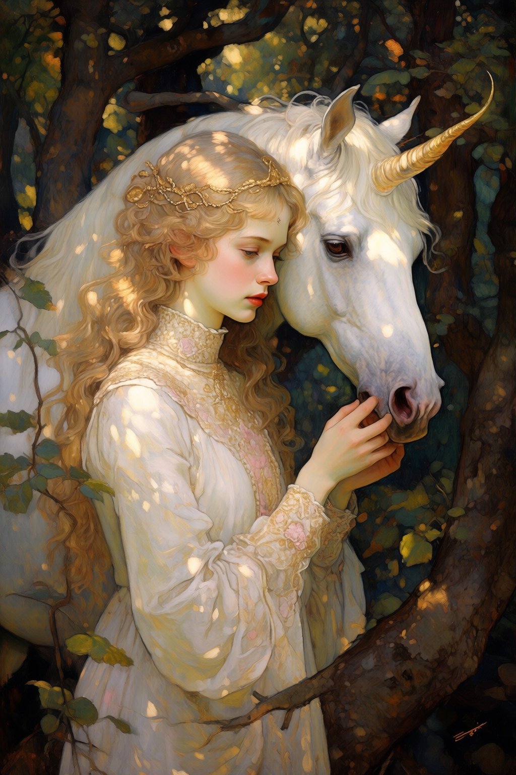 kaoruyamada2q painting. Profile of a young woman with long,  wavy blonde hair and a delicate gold circlet leaning her fore...