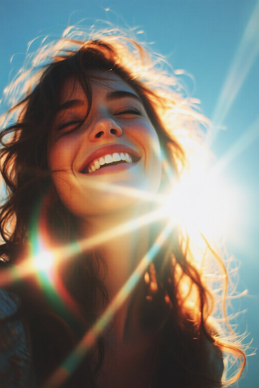 midjourneylowangle11q Low angle shot. Close-up of a woman with closed eyes,  laughing joyfully. Her face is illuminated by...