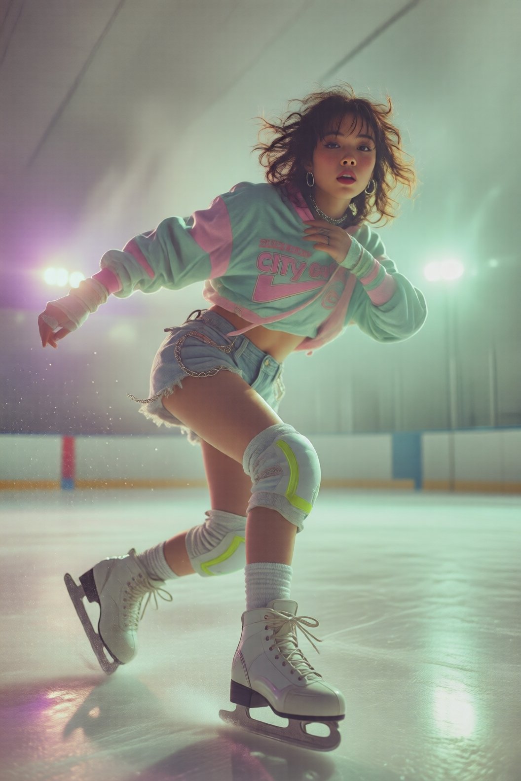 Low-angle stylized 1980s Japanese photo of a young woman ice skating,  captured mid-motion in a confident,  dynamic pose b...