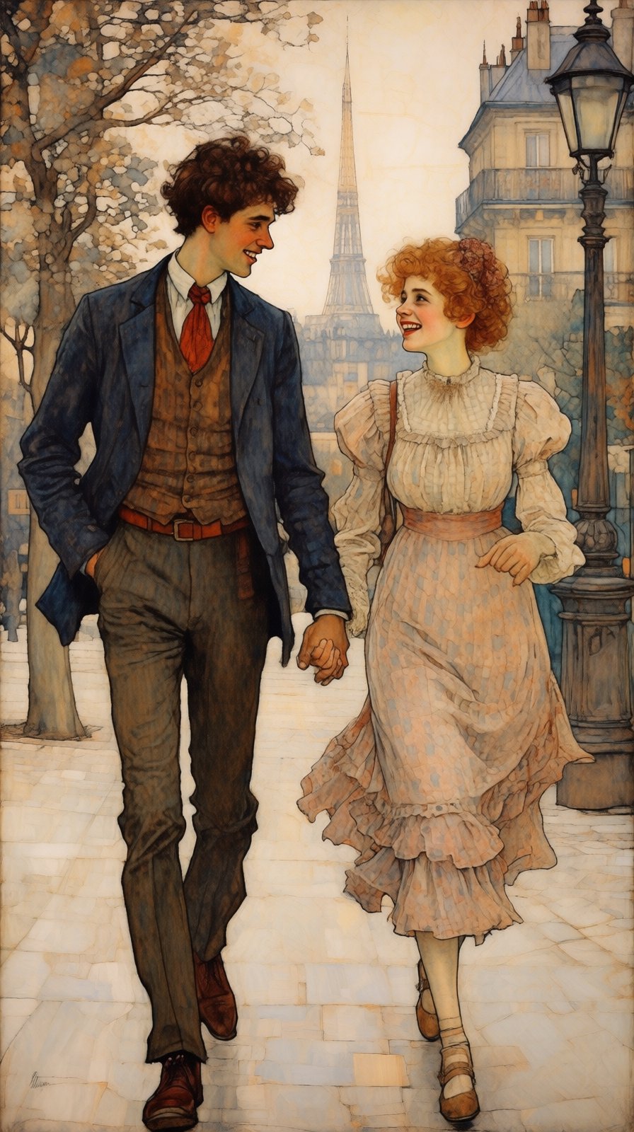 kaoruyamada2q painting,  A young man and a beautiful young girl are walking side by side,  holding hands. A joyful atmosph...