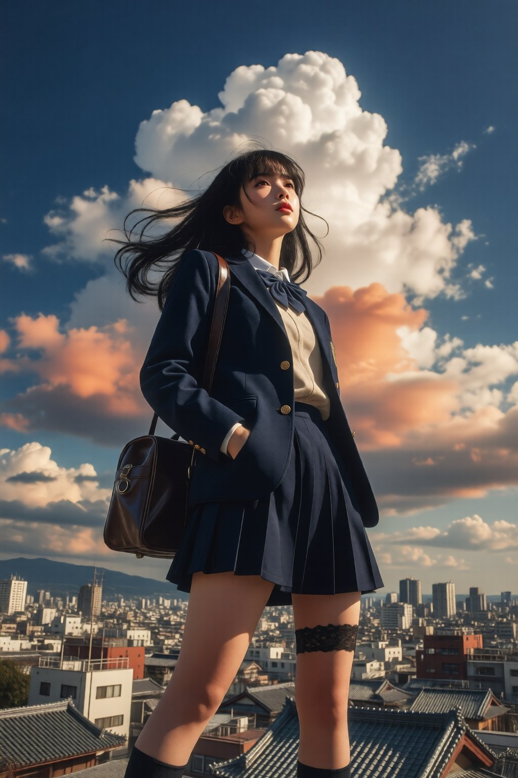 midjourneylowangle11q Low angle shot. A high school girl with long,  flowing black hair,  standing confidently at the edge...