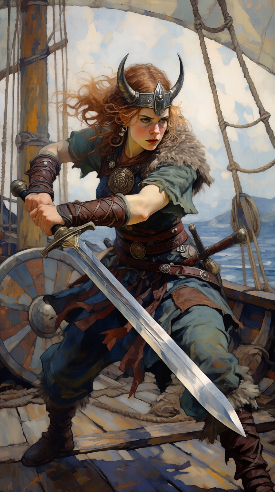 kaoruyamada2q painting. Viking warrior girl,  in an attack pose,  with a sword in her hands by Jackel123 on Tensor.Art
