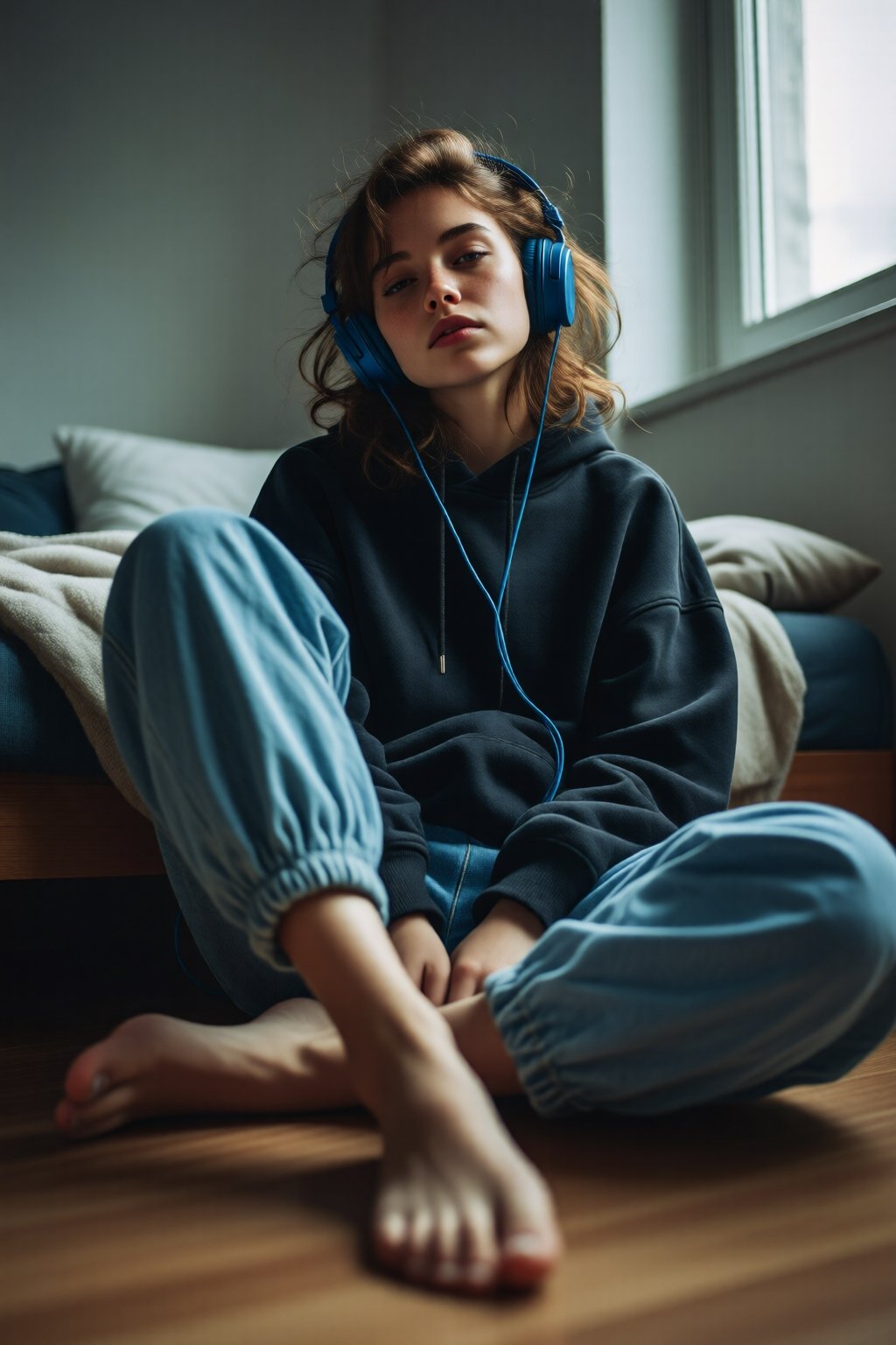 midjourneylowangle11q Low angle shot. A young woman sitting cross-legged on the floor,  wearing a dark sweatshirt and ligh...