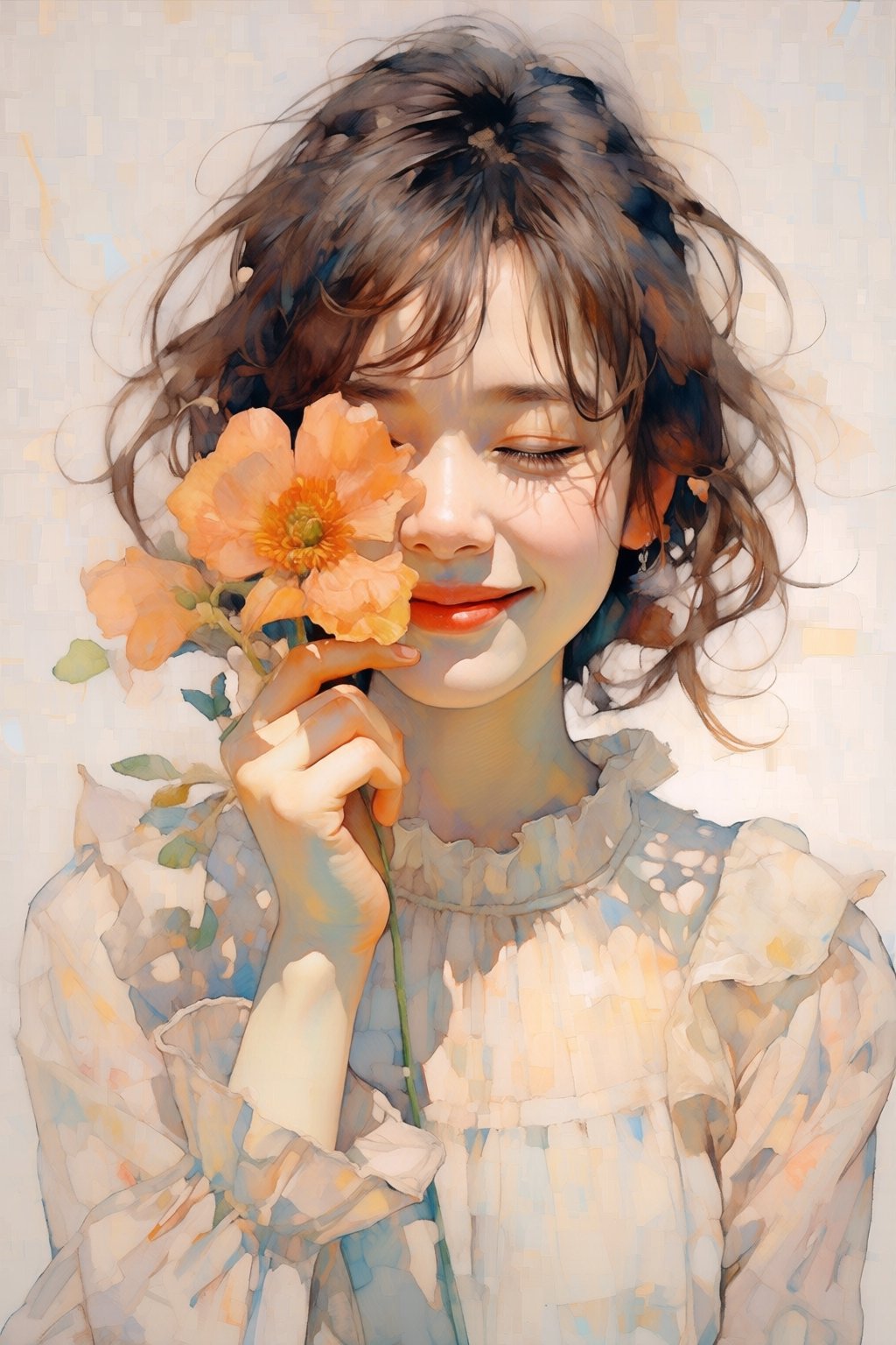 kaoruyamada2q painting. Frontal close-up view of a young woman with chin-length dark brown hair,  her head tilted slightly...