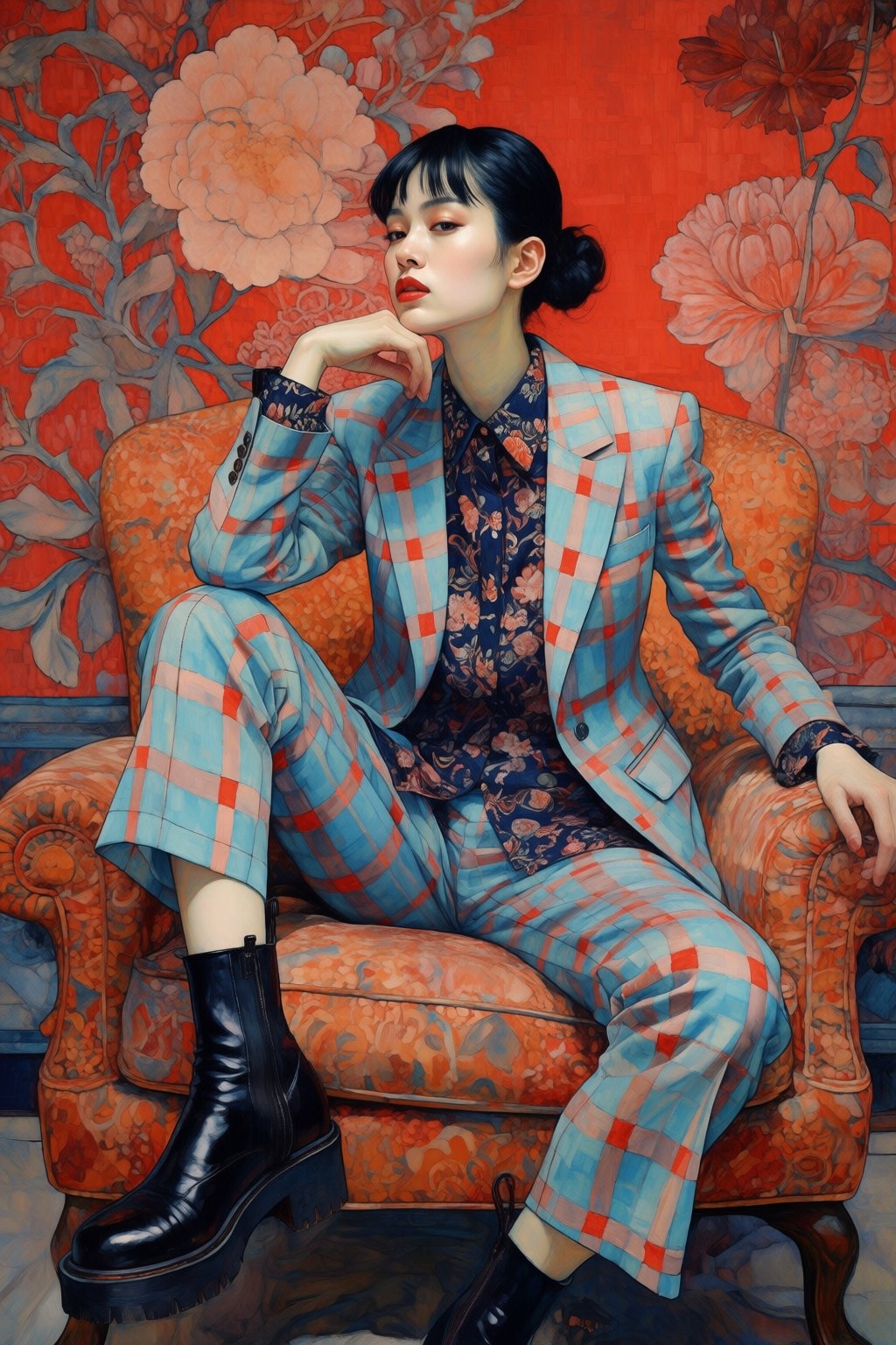 kaoruyamada2q painting. Low-angle view of a Japanese woman with her chin up and a confident expression,  her dark hair sle...