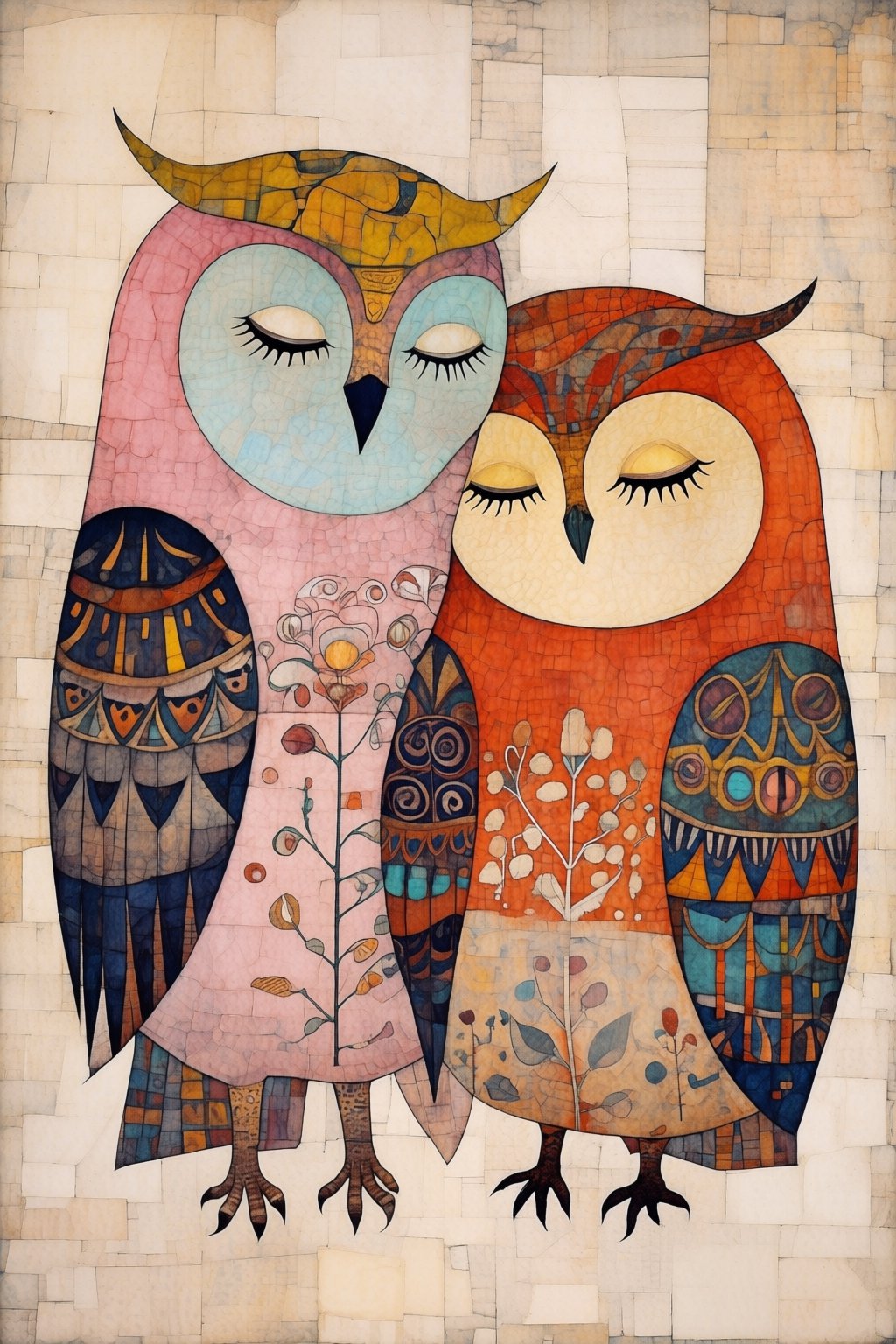 kaoruyamada2q painting. Folk art style illustration. Full-length view of two stylized,  rounded owls snuggling closely tog...