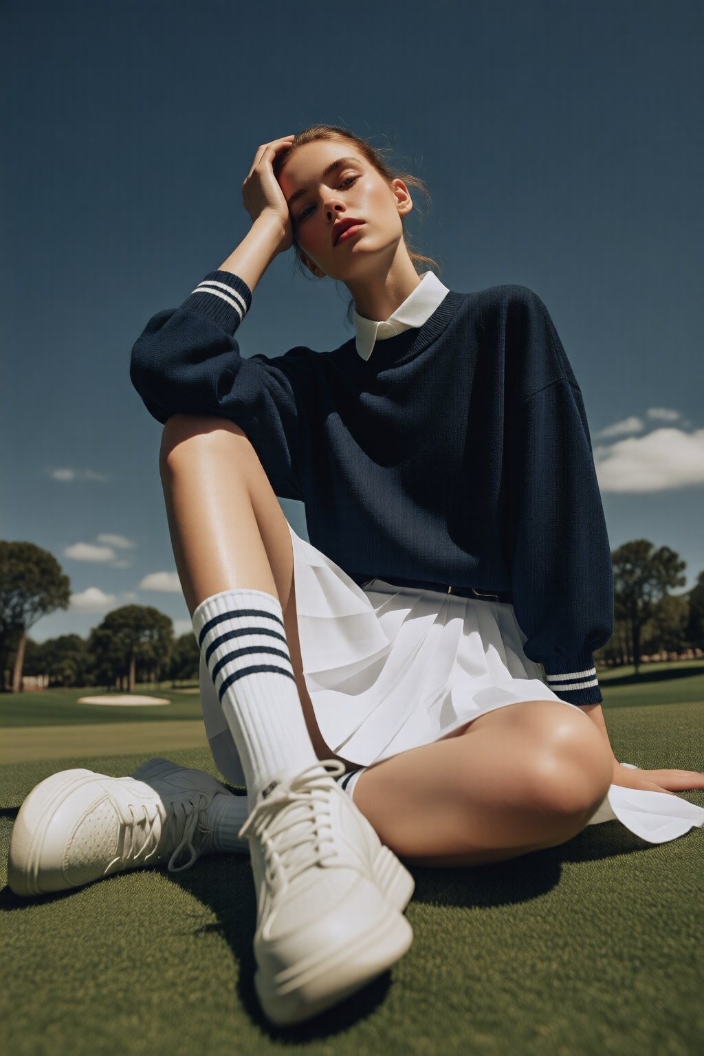 .midjourneylowangle11q Low angle shot. A woman is sitting on a grassy golf course,  wearing a blue sweatshirt,  a white pl...