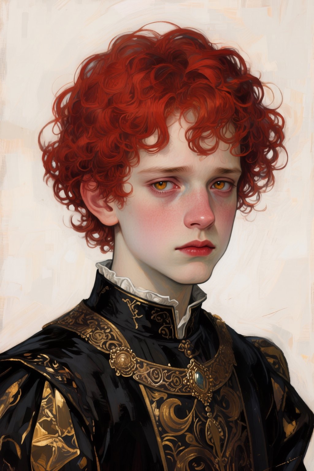 solo; portrait; boy; male; red hair; curly red hair; hazel eyes; thin lips; sad look; medieval; fantasy; noble cloth - bla...