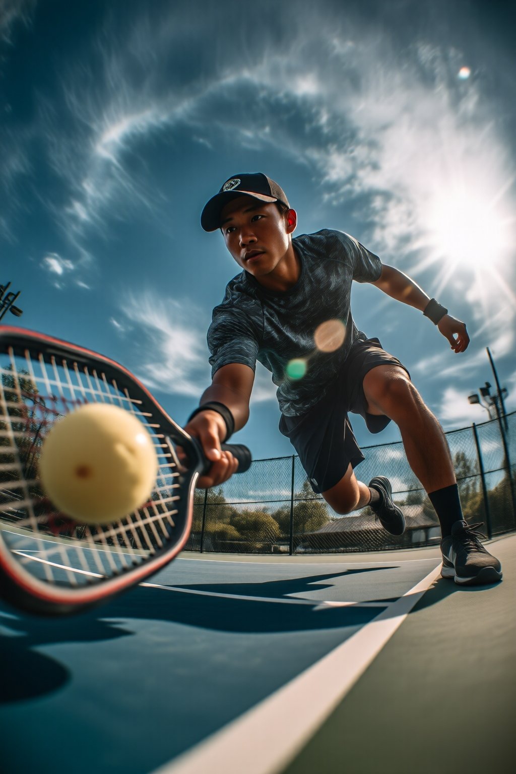 midjourneylowangle11q Low angle shot. An Asian man is playing pickleball on an outdoor court. He is wearing a dark-colored...