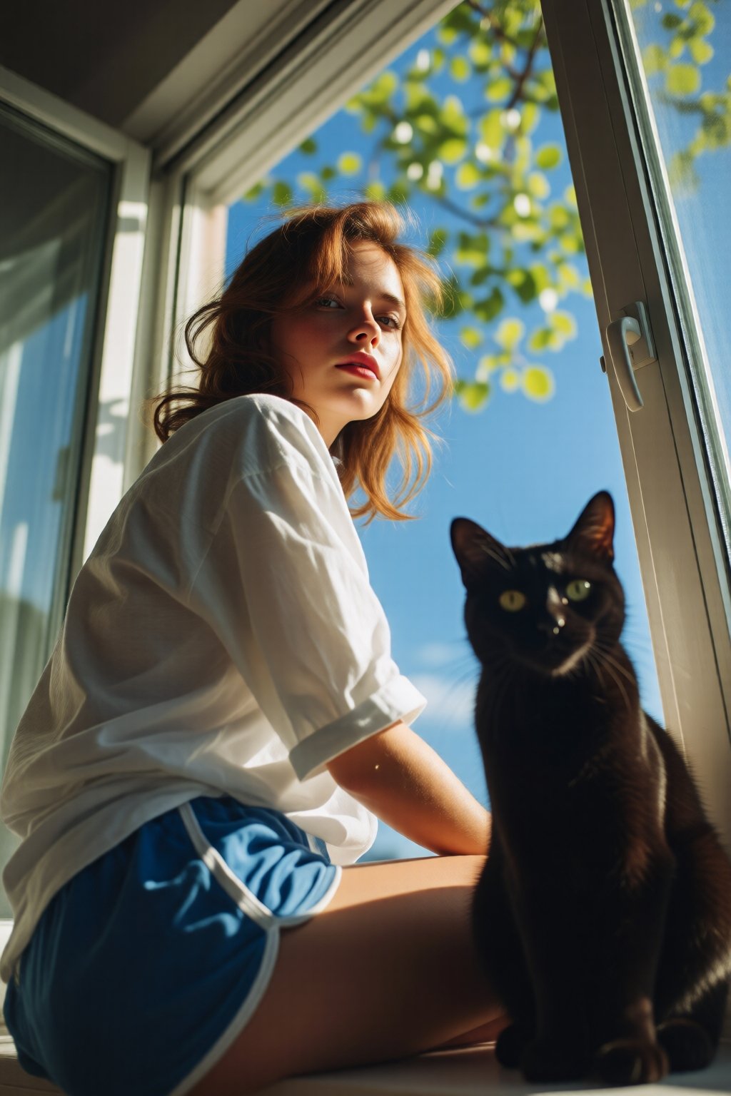midjourneylowangle11q Low angle shot. Close-up of a young woman,  shown in side profile,  sitting by a window. She is look...