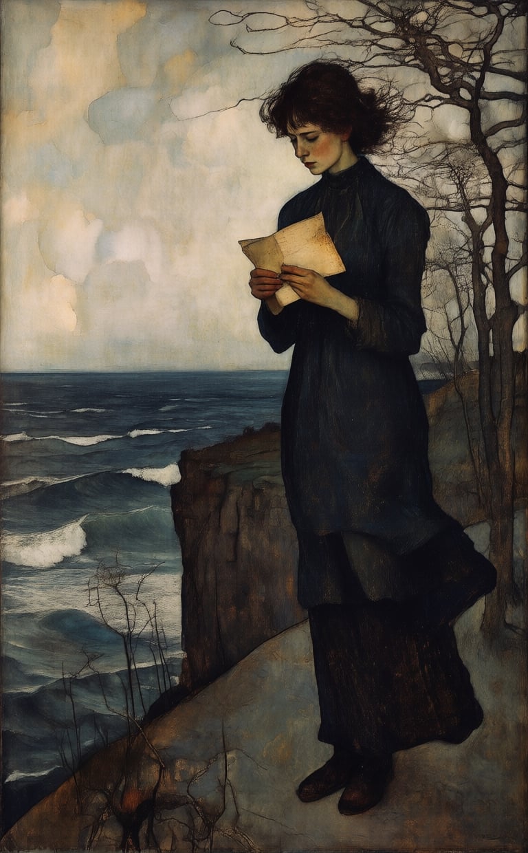 A solitary female stands on a windswept cliff overlooking a stormy sea,  clutching a faded letter. The scene is rendered i...