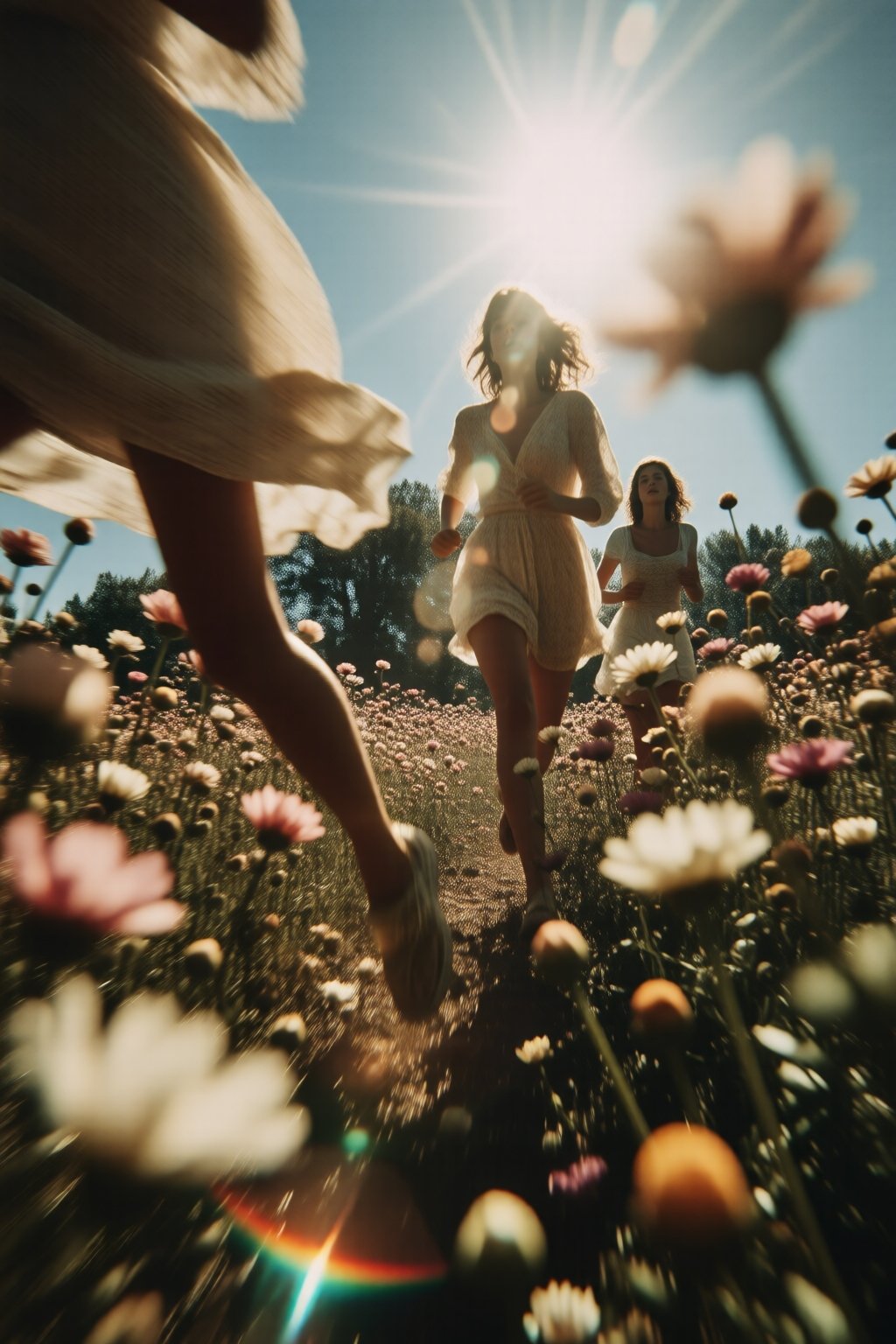 midjourneylowangle11q Low angle shot. Low angle shot. A group of women is running through a field of blooming flowers. The...