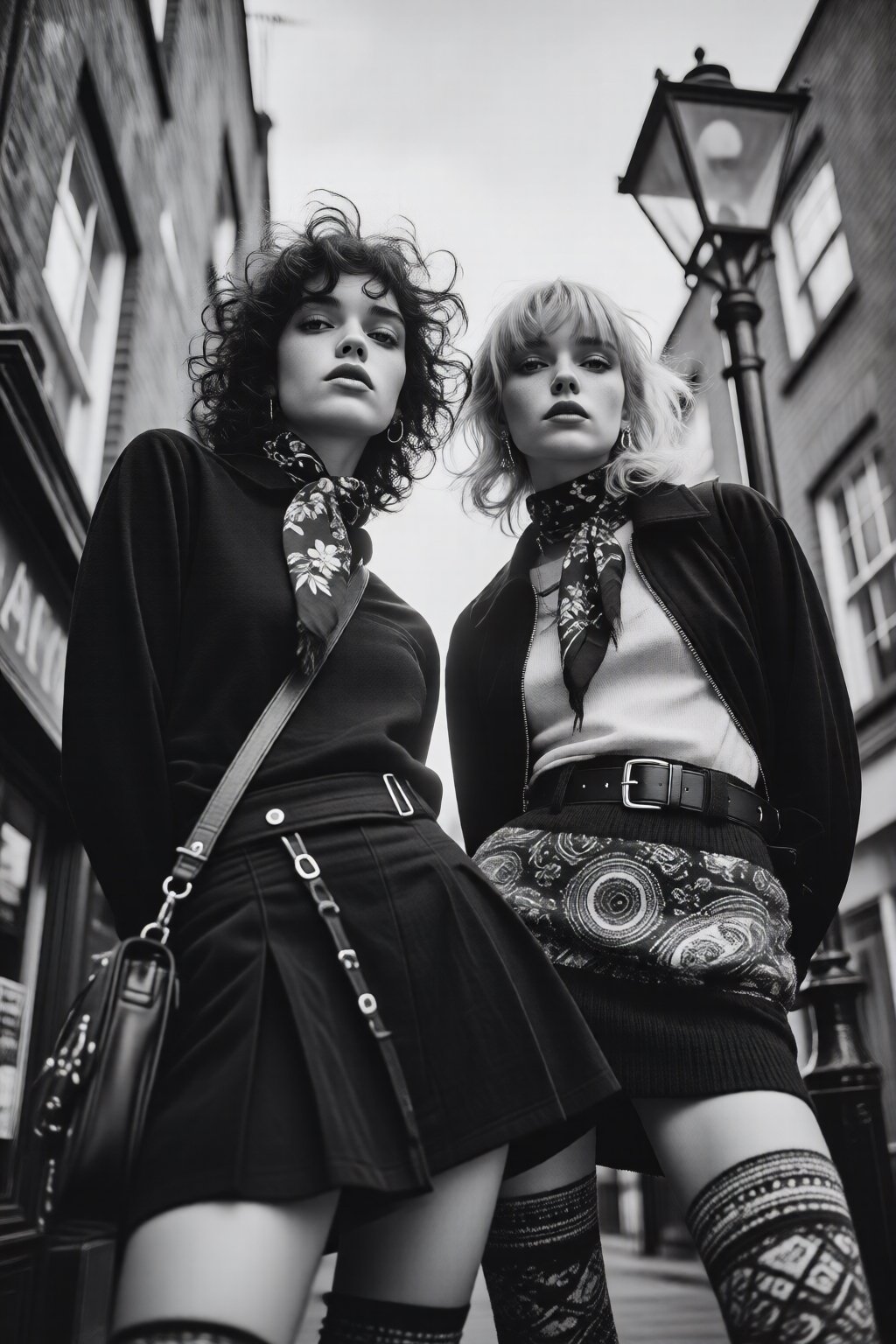 midjourneylowangle11q Low angle shot. Black and white photograph of two women are standing side by side in an urban settin...