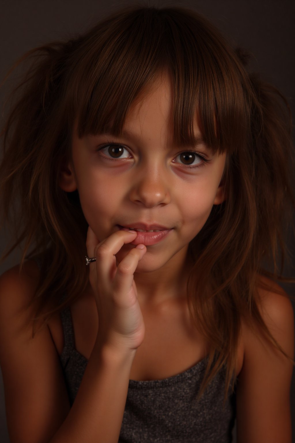 A stunning tween girl takes center stage in a full-body portrait,  surrounded by soft light that accentuates her striking...