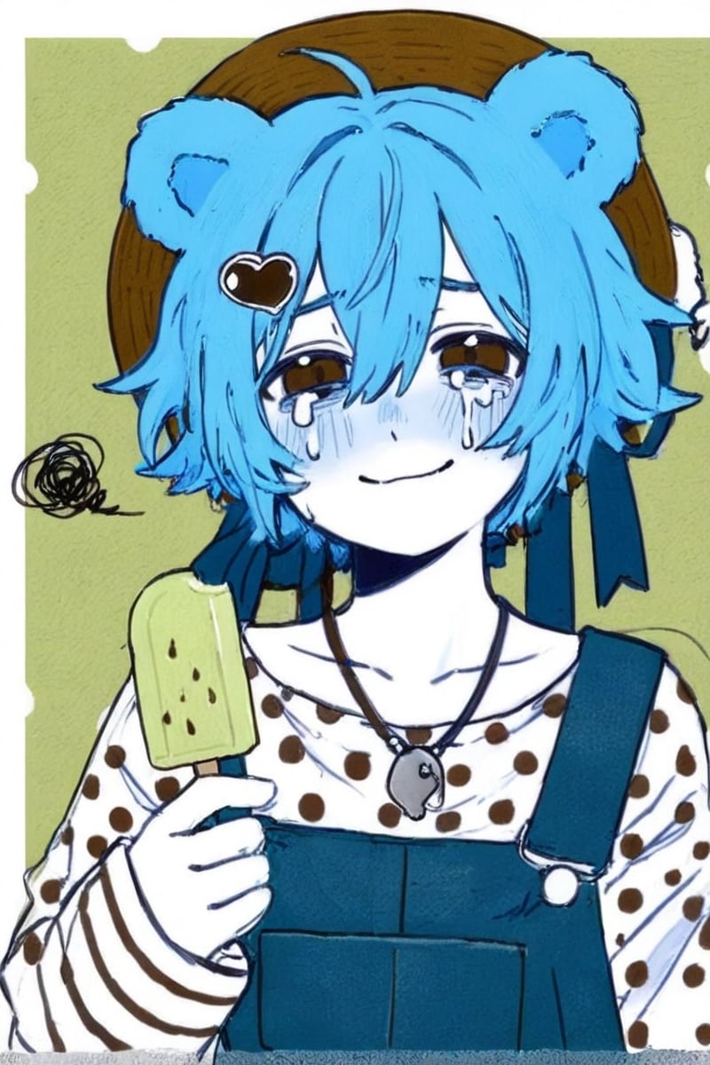 Soul-Crushingly Depressing,  1boy :t animal_ears bear_ears blue_hair blue_overalls blue_ribbon blush border brown_eyes bro...