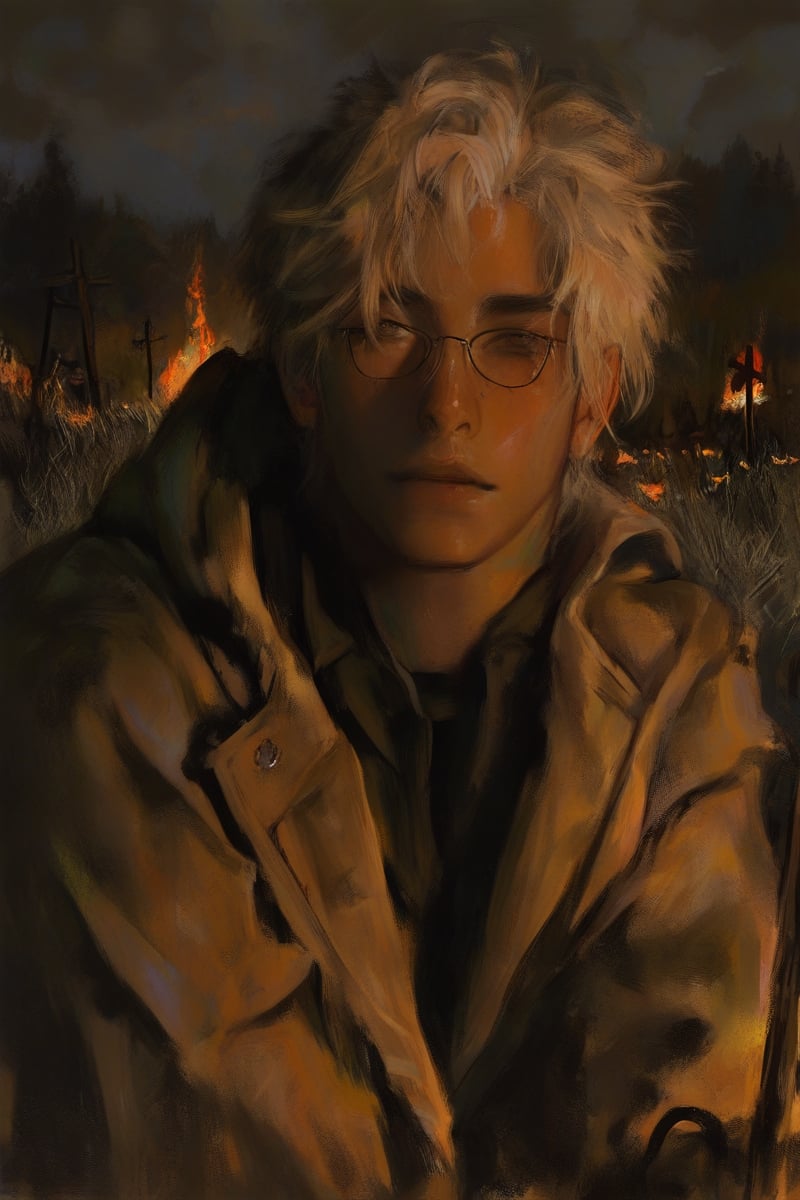 a person with short blonde hair and glasses,  wearing a beige jacket,  holding a pipe and exhaling smoke. The person is si...