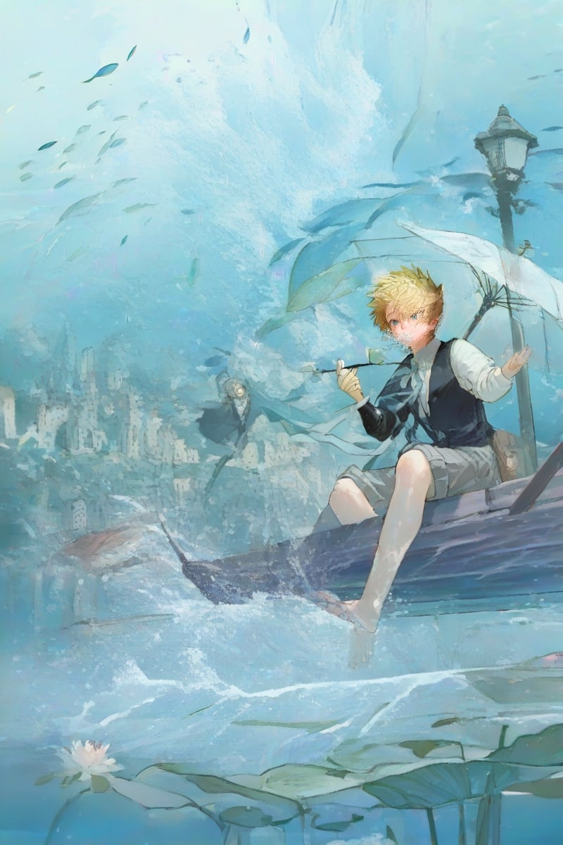 trigun trigun_stampede vash_the_stampede. A whimsical scene of a boy and a girl,  both barefoot and dressed in blue tones,...