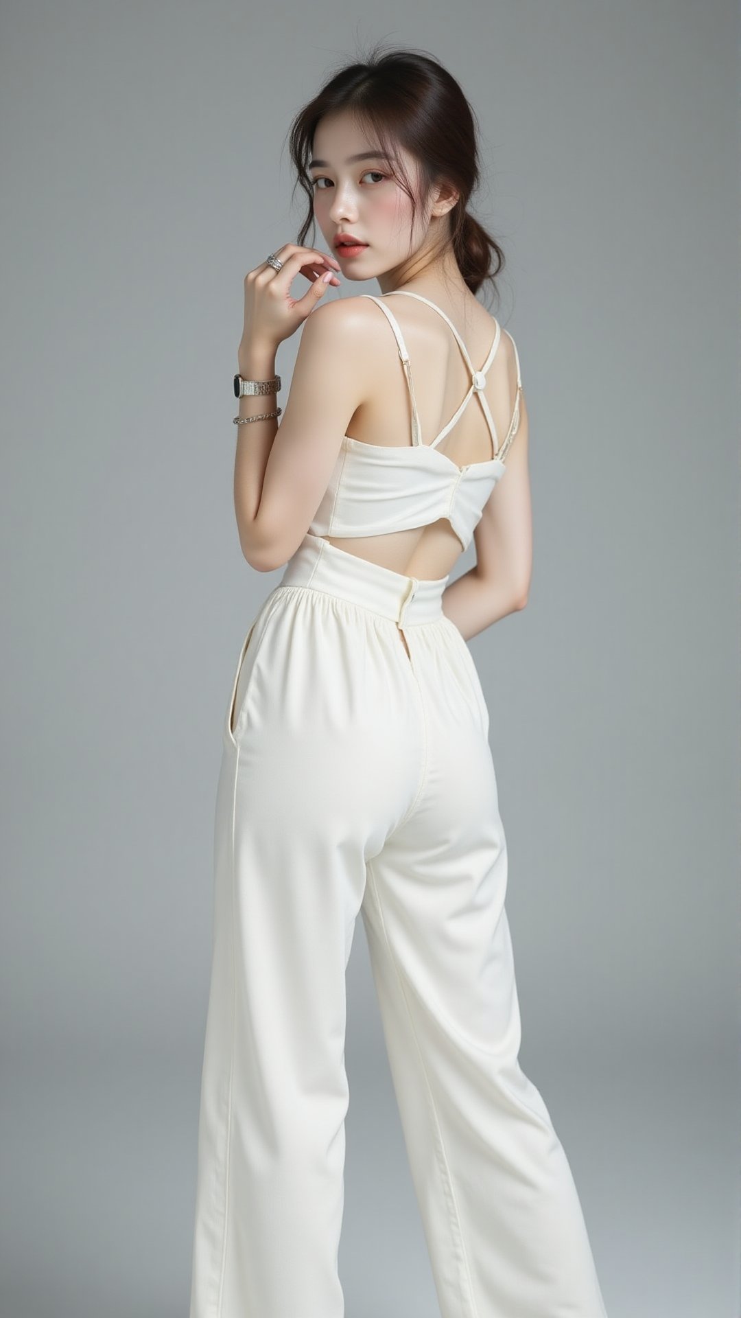 A beautiful young Asian woman,  wearing a white outfit consisting of a sleeveless top and wide-legged pants. The top featu...