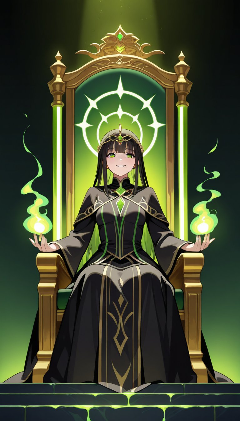 A character with long dark hair and a mischievous smile sits confidently on a throne. Dressed in a striking green and blac...
