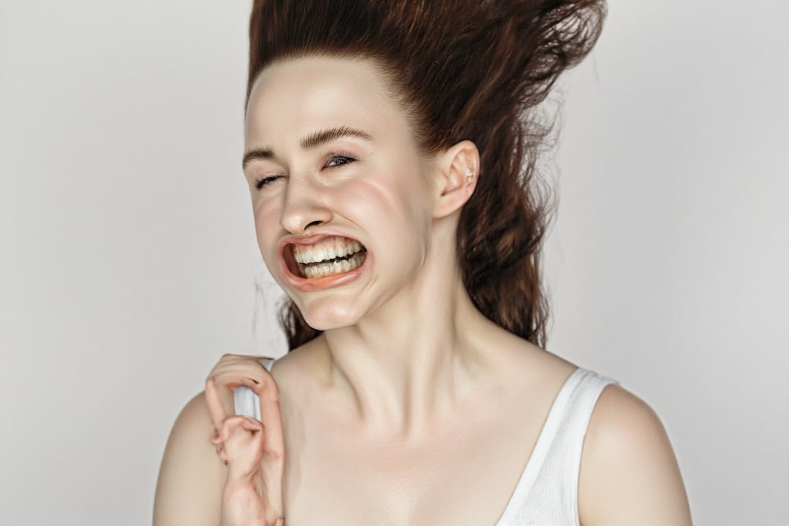 A medium shot photograph of a pretty woman. She is wearing a white tanktop. w1nd8l0wn photo of a squinting woman's perfect...
