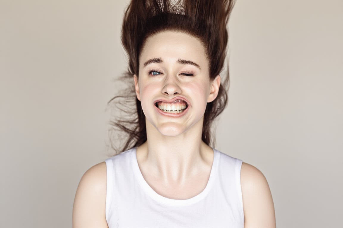 A medium shot photograph of a pretty woman. She is wearing a white tanktop. w1nd8l0wn photo of a squinting woman's perfect...