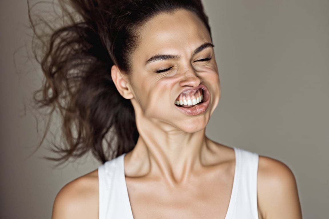 A medium shot photograph of a pretty woman. She is wearing a white tanktop. w1nd8l0wn photo of a squinting woman's perfect...