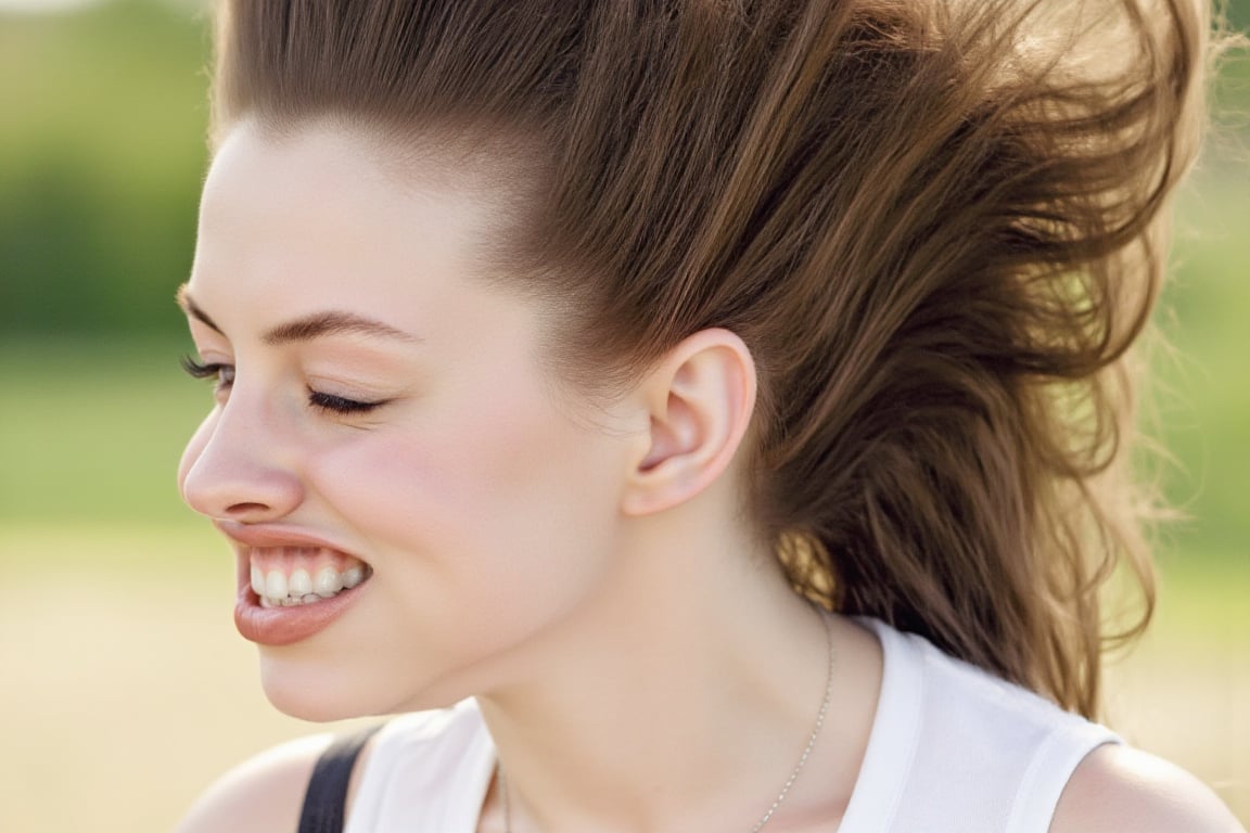 A medium shot photograph of a pretty woman. She is wearing a white tanktop. w1nd8l0wn photo of a squinting woman's perfect...
