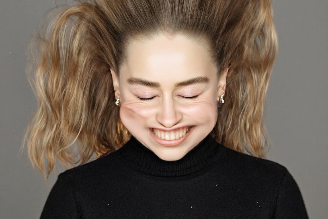 A medium shot photograph of a pretty woman. She is wearing a black turtleneck sweater. w1nd8l0wn photo of a squinting woma...