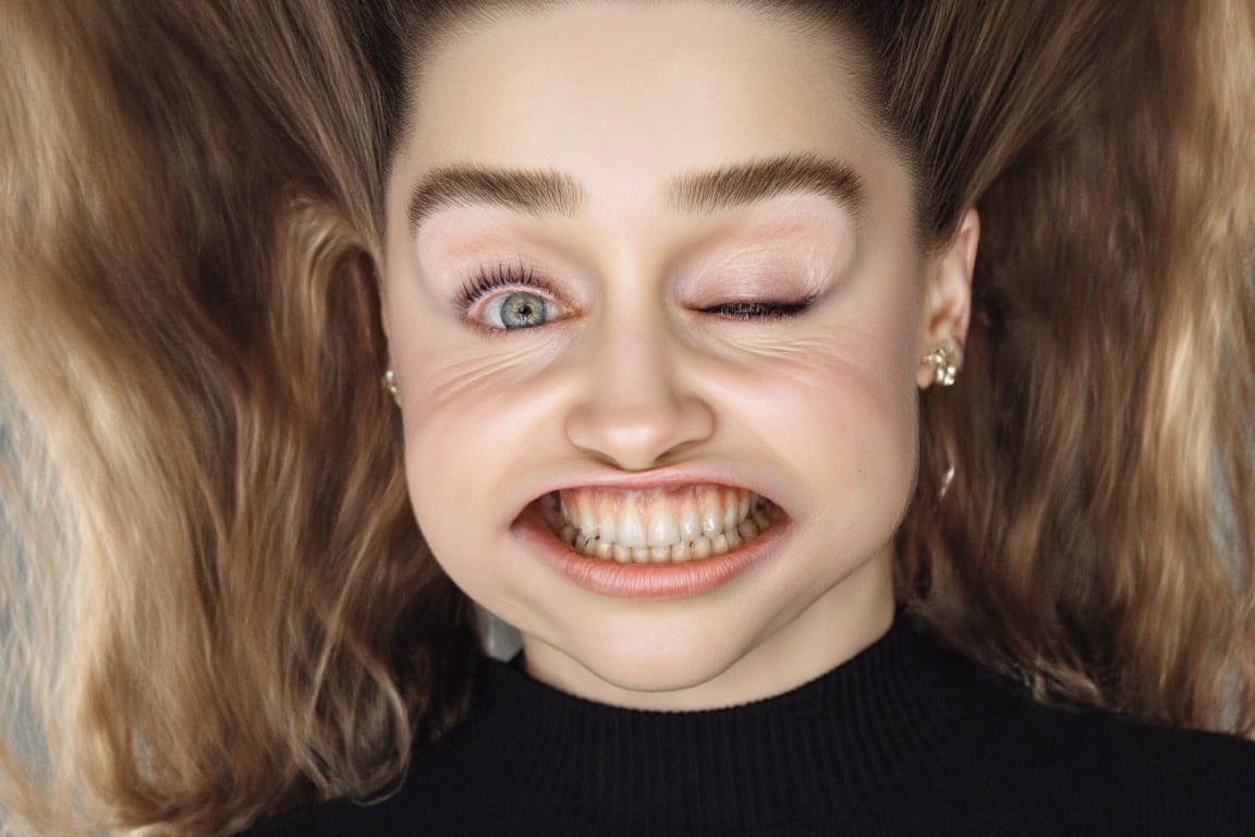 A medium shot photograph of a pretty woman. She is wearing a black turtleneck sweater. w1nd8l0wn photo of a squinting woma...