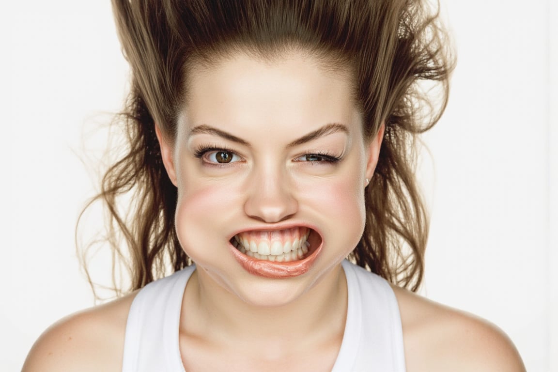 A medium shot photograph of a pretty woman. She is wearing a white tanktop. w1nd8l0wn photo of a squinting woman's perfect...
