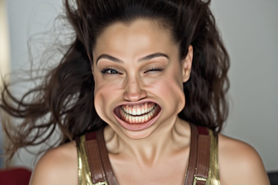 A medium shot photograph of a pretty woman. She is dressed as Wonder Woman. w1nd8l0wn photo of a squinting woman's perfect...